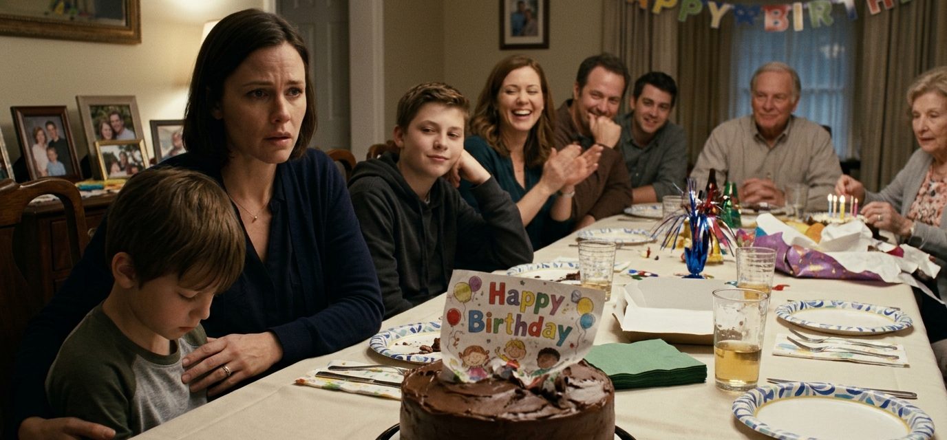 A shocked mother watches her nephew destroy her son's handmade birthday card in a chocolate cake while relatives laugh around the dinner table.