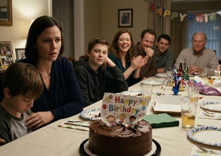 A shocked mother watches her nephew destroy her son's handmade birthday card in a chocolate cake while relatives laugh around the dinner table.