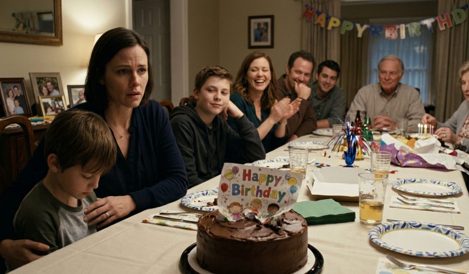 A shocked mother watches her nephew destroy her son's handmade birthday card in a chocolate cake while relatives laugh around the dinner table.