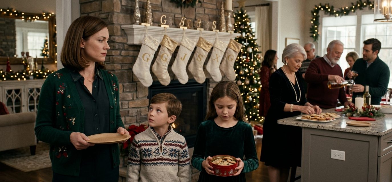 A mother and her two children stand near a Christmas fireplace with six stockings reserved for other family members.