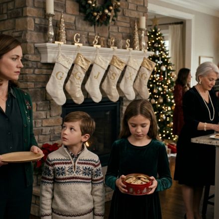 A mother and her two children stand near a Christmas fireplace with six stockings reserved for other family members.