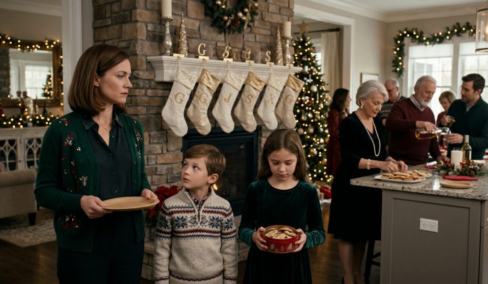 A mother and her two children stand near a Christmas fireplace with six stockings reserved for other family members.