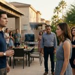 A stunned husband stands at a family barbecue as his wife announces her pregnancy beside his smug younger brother.