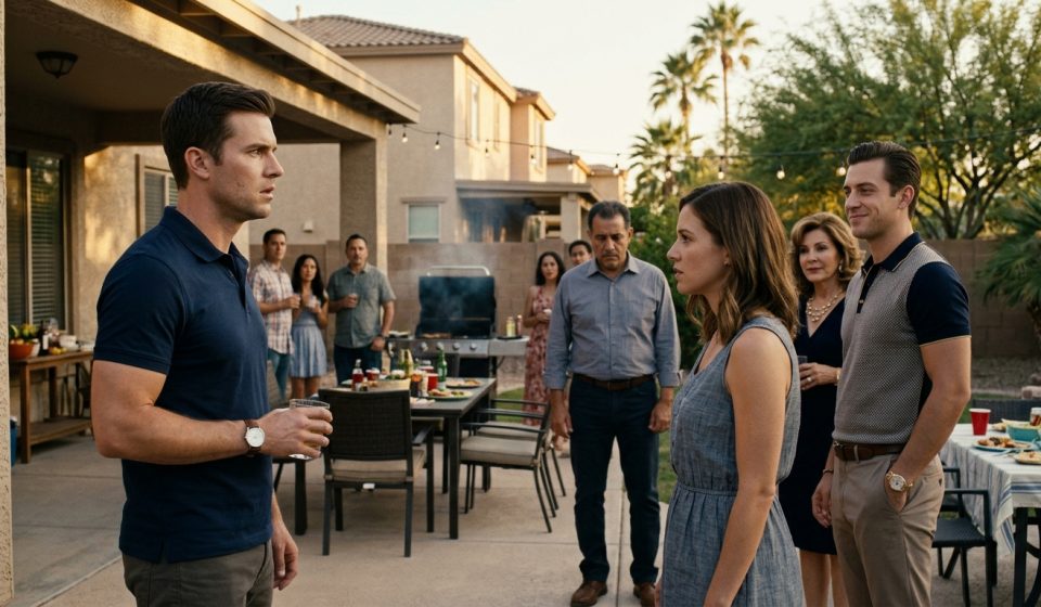 A stunned husband stands at a family barbecue as his wife announces her pregnancy beside his smug younger brother.