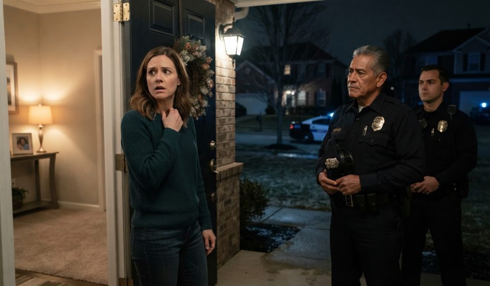 Molly opens her front door to two police officers after her husband and son fail to return from their fishing trip.