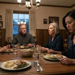 Kimberly sitting silently at a tense family dinner after hearing nobody needs your money or you.