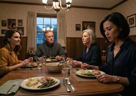 Kimberly sitting silently at a tense family dinner after hearing nobody needs your money or you.