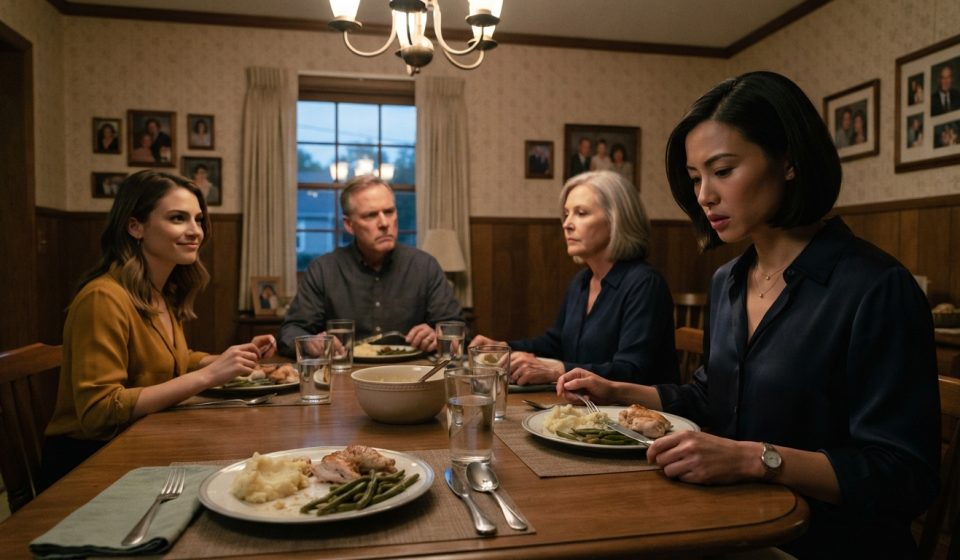 Kimberly sitting silently at a tense family dinner after hearing nobody needs your money or you.