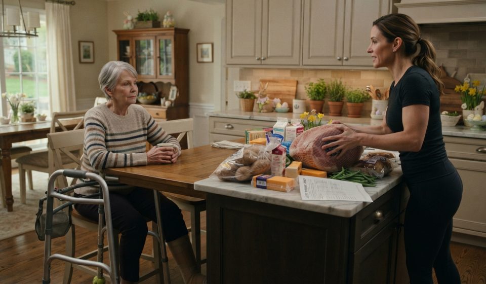68-year-old Belle sitting beside her walker after being expected to cook with a broken hip for a large Easter dinner.