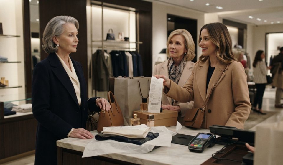Older woman at a luxury boutique checkout after her daughter-in-law forgot her card