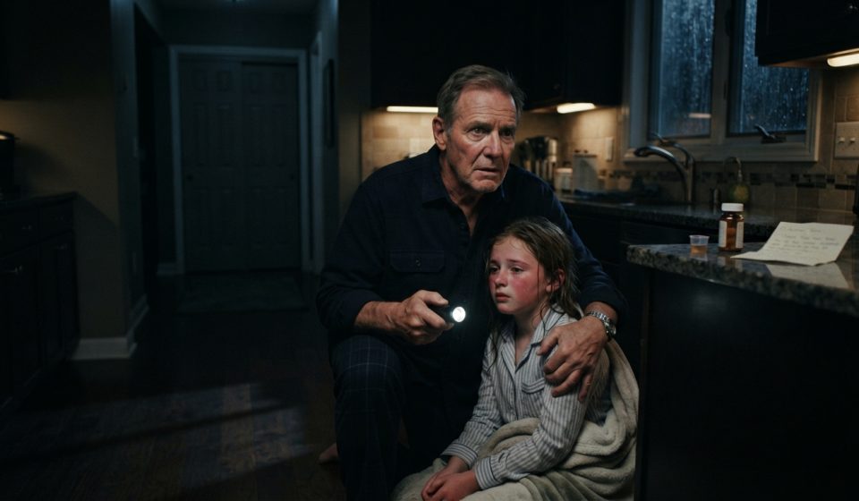 A worried retired grandfather answering his granddaughter’s emergency phone call late at night while rain falls outside.
