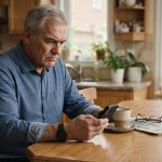 A 67-year-old father looking at his phone over morning coffee after discovering his son got married without telling him.