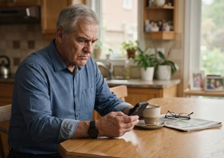 A 67-year-old father looking at his phone over morning coffee after discovering his son got married without telling him.