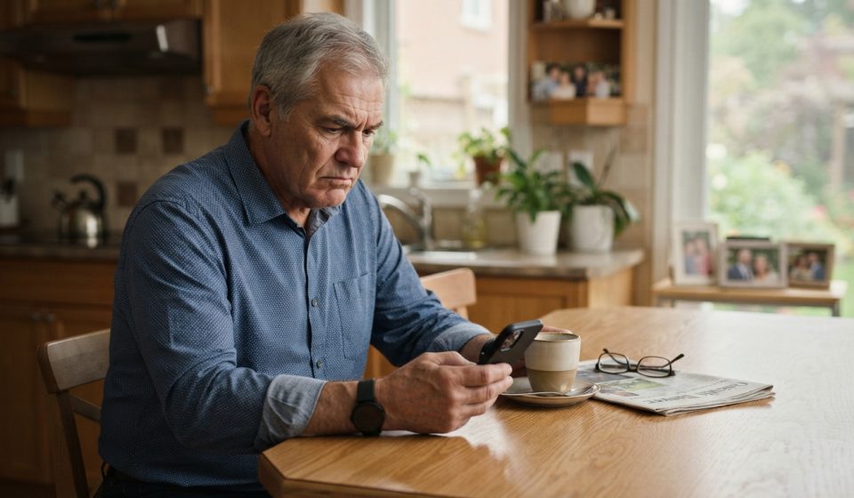 A 67-year-old father looking at his phone over morning coffee after discovering his son got married without telling him.