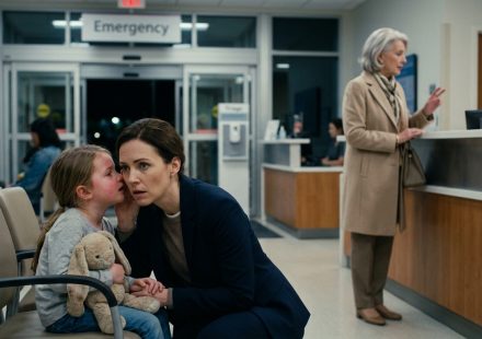 A worried mother holding her feverish five-year-old daughter's hand in a pediatric hospital after Grandma told the doctor not to rush.