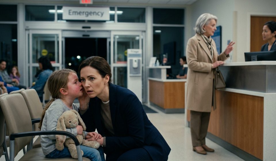 A worried mother holding her feverish five-year-old daughter's hand in a pediatric hospital after Grandma told the doctor not to rush.