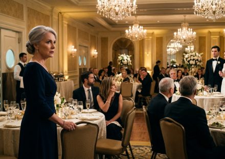 A shocked mother seated away from the head table as her son and new daughter-in-law make an unexpected announcement during their wedding reception.