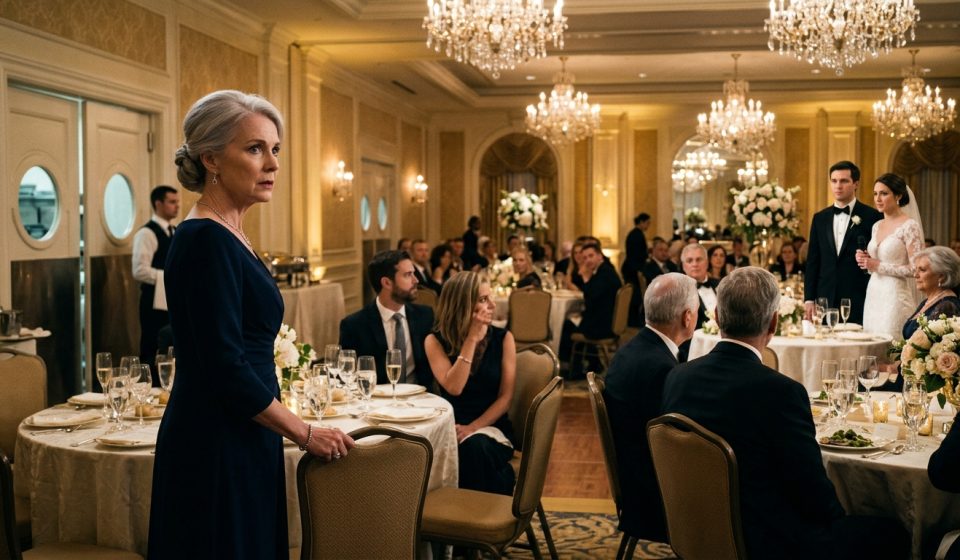 A shocked mother seated away from the head table as her son and new daughter-in-law make an unexpected announcement during their wedding reception.