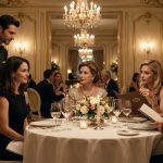 Sarah in a simple black dress sits opposite her judgmental sister Diana at an elegant French restaurant as a waiter approaches their table.
