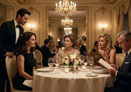 Sarah in a simple black dress sits opposite her judgmental sister Diana at an elegant French restaurant as a waiter approaches their table.