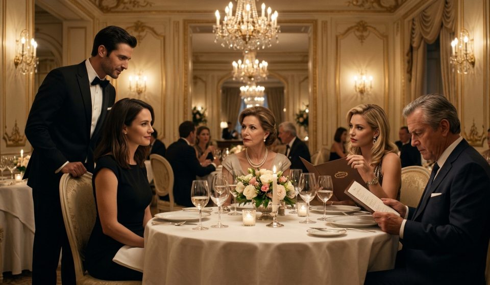 Sarah in a simple black dress sits opposite her judgmental sister Diana at an elegant French restaurant as a waiter approaches their table.