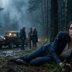 A frightened 29-year-old woman with an injured jaw lies among wet pine needles in a stormy forest while three shadowy figures stand near a pickup truck.