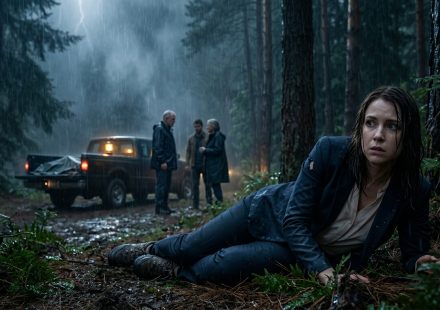 A frightened 29-year-old woman with an injured jaw lies among wet pine needles in a stormy forest while three shadowy figures stand near a pickup truck.