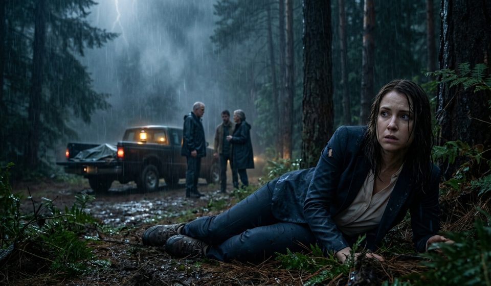 A frightened 29-year-old woman with an injured jaw lies among wet pine needles in a stormy forest while three shadowy figures stand near a pickup truck.