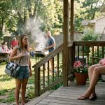 A shocked young mother holding a diaper bag as she discovers her husband's cousin breastfeeding her three-week-old baby on a porch swing during a family cookout.