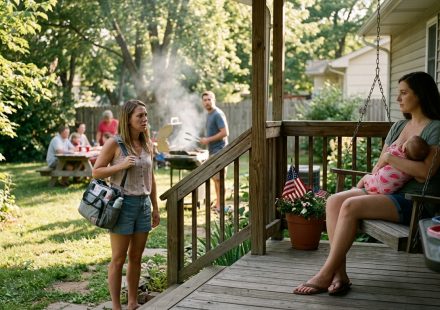 A shocked young mother holding a diaper bag as she discovers her husband's cousin breastfeeding her three-week-old baby on a porch swing during a family cookout.
