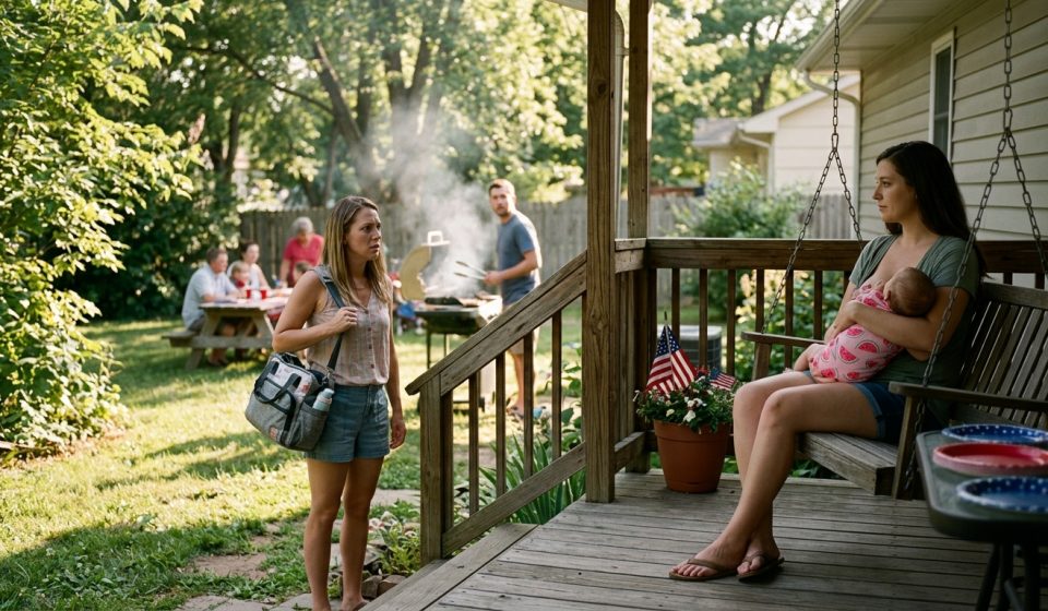 A shocked young mother holding a diaper bag as she discovers her husband's cousin breastfeeding her three-week-old baby on a porch swing during a family cookout.