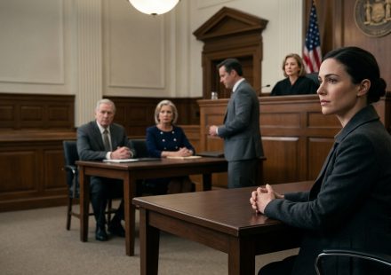 A composed woman sits alone at a courtroom defence table while her parents and their attorney accuse her of falsifying her military service.
