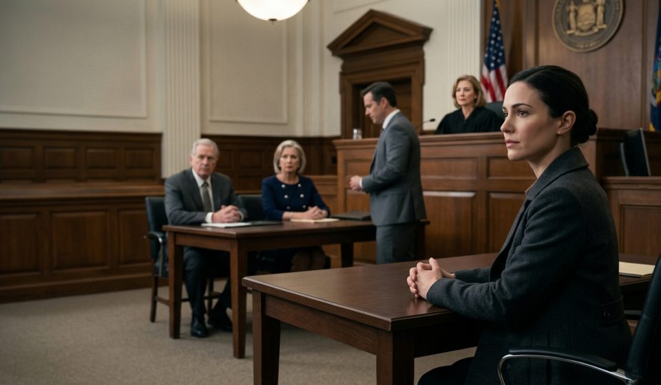 A composed woman sits alone at a courtroom defence table while her parents and their attorney accuse her of falsifying her military service.