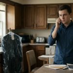 A 22-year-old college student standing in his kitchen, holding a phone with a hurt expression after his father announces he will miss his graduation.