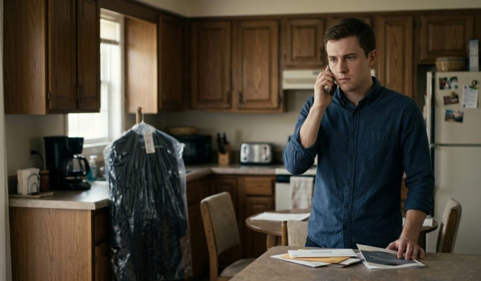 A 22-year-old college student standing in his kitchen, holding a phone with a hurt expression after his father announces he will miss his graduation.
