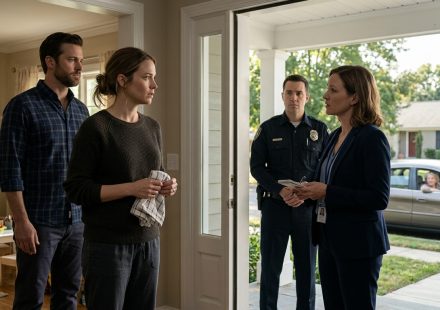 A worried mother holding a kitchen towel at her front door as a CPS investigator and police officer arrive, while her husband stands beside her and her mother-in-law watches from a parked car.