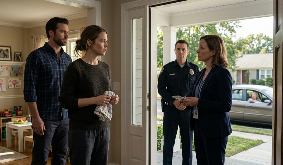 A worried mother holding a kitchen towel at her front door as a CPS investigator and police officer arrive, while her husband stands beside her and her mother-in-law watches from a parked car.