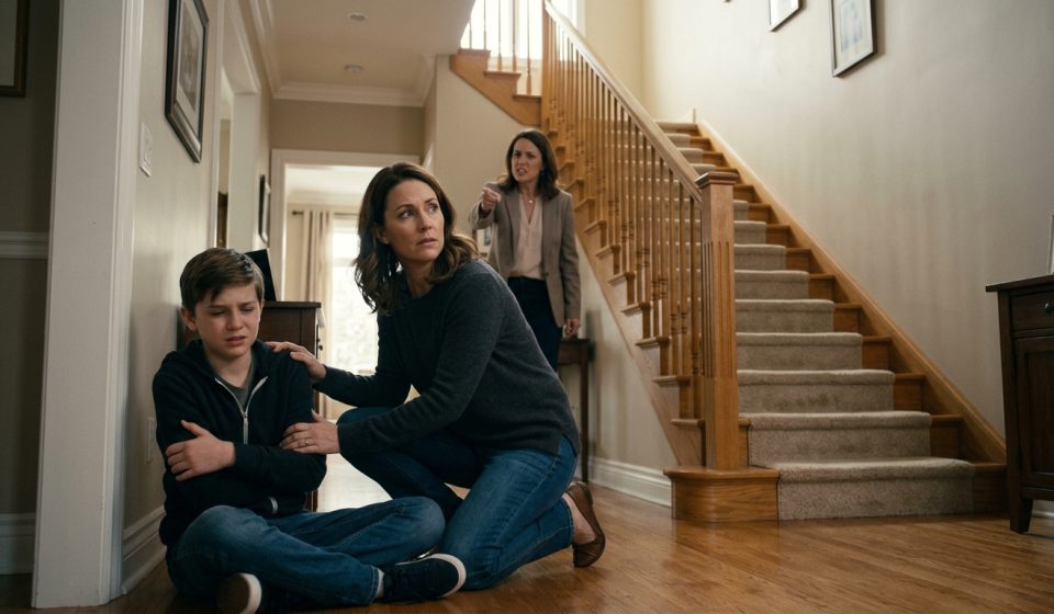 A frightened twelve-year-old boy holds his injured arm beside a staircase as his mother protects him and his aunt angrily points toward him.