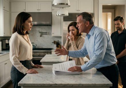 A furious father confronts his 28-year-old daughter in her townhouse kitchen, slamming foreclosure papers onto the counter while her mother and brother watch.