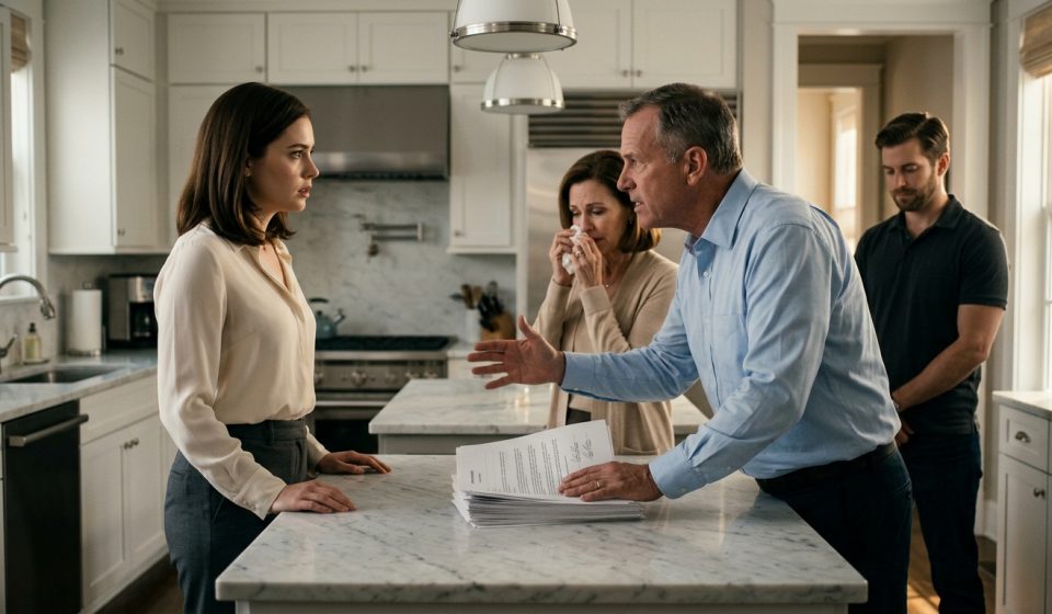 A furious father confronts his 28-year-old daughter in her townhouse kitchen, slamming foreclosure papers onto the counter while her mother and brother watch.
