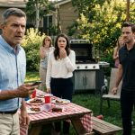 A concerned father holds his phone beside his injured daughter during a tense Father's Day family barbecue, while her husband stands nearby and relatives react in shock.