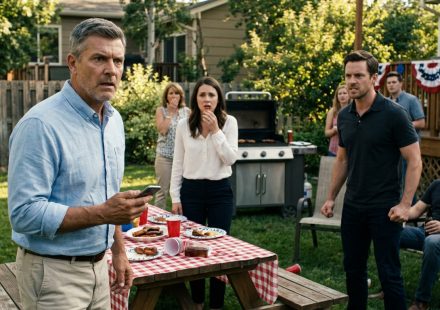 A concerned father holds his phone beside his injured daughter during a tense Father's Day family barbecue, while her husband stands nearby and relatives react in shock.
