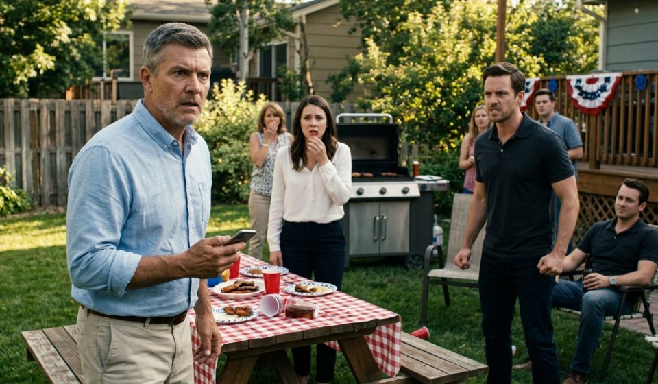 A concerned father holds his phone beside his injured daughter during a tense Father's Day family barbecue, while her husband stands nearby and relatives react in shock.