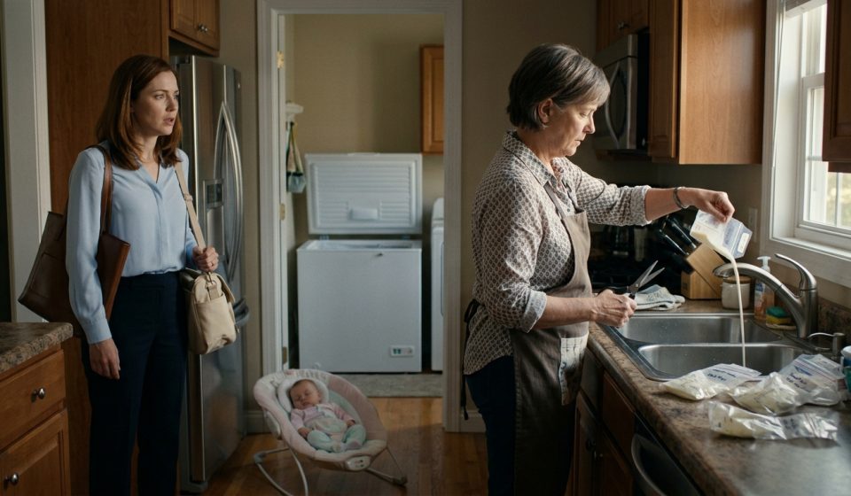 Shocked mother standing in her kitchen as her mother-in-law pours stored breast milk down the sink beside a pile of empty storage bags.