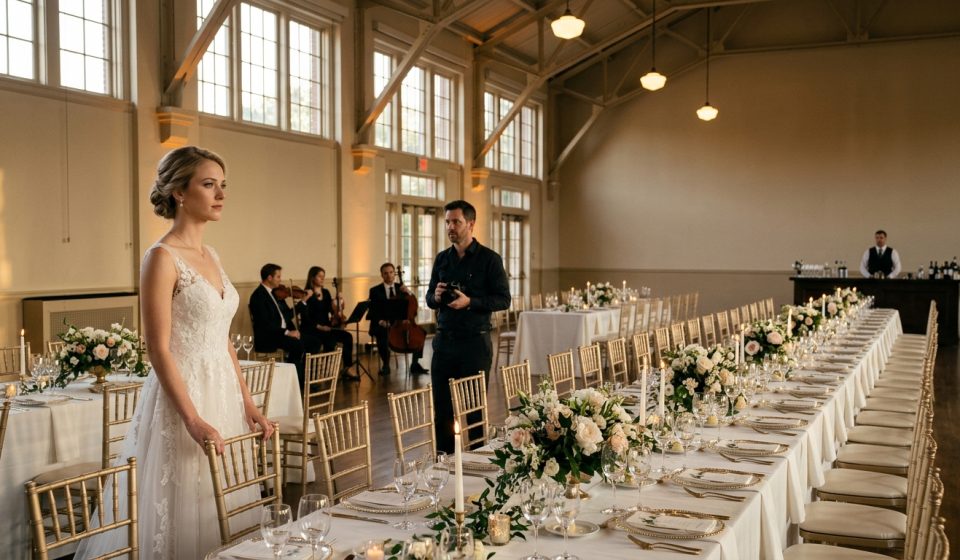 A disappointed bride stands inside an elegant wedding banquet hall surrounded by empty guest chairs after her brother hijacked her wedding date.