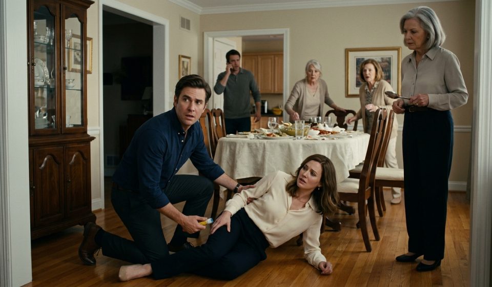 A frightened husband kneels beside his wife during a severe allergic reaction while his elderly mother stands holding a serving spoon at the family dinner table.