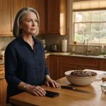 Older mother standing quietly in her kitchen after her son canceled her birthday party