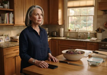 Older mother standing quietly in her kitchen after her son canceled her birthday party