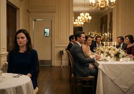 A quietly disappointed woman seated alone at the back table during her brother's elegant engagement dinner while the family celebrates.