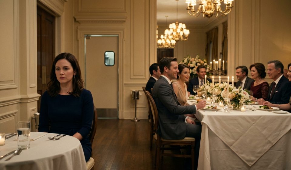 A quietly disappointed woman seated alone at the back table during her brother's elegant engagement dinner while the family celebrates.